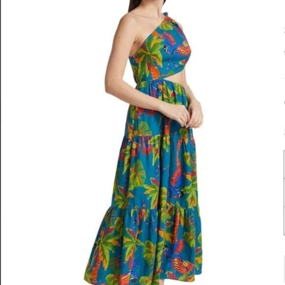 Farm Rio “Sunny Day” One‑Shoulder Maxi Dress – Tropical Cut‑Out Tiered Size M - Picture 2 of 16
